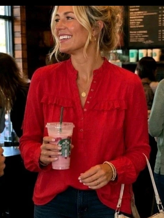 crown & ivy Tops - crown & ivy Red Ruffle-Front Button Blouse